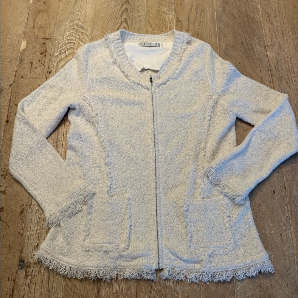 Ost Off WhiteTextured Zip SweaterJacket Fringe Small